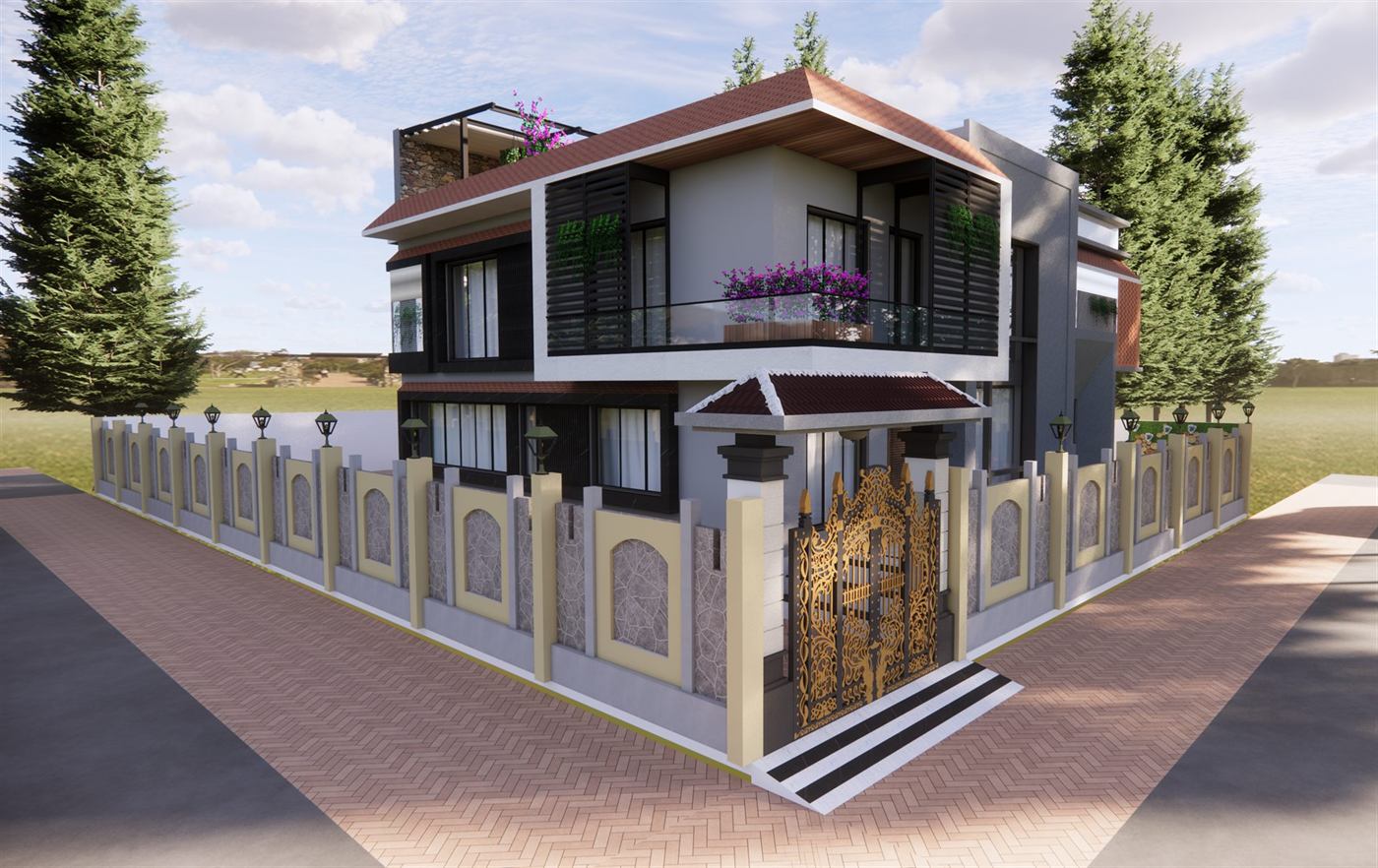 Villa entrance with gated boundary wall